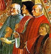 LEONARDO da Vinci, Lorenzo de Medici between Antonio Pucci and Francesco Sassetti, with Giulio de Medici, fresco by Ghirlandaio